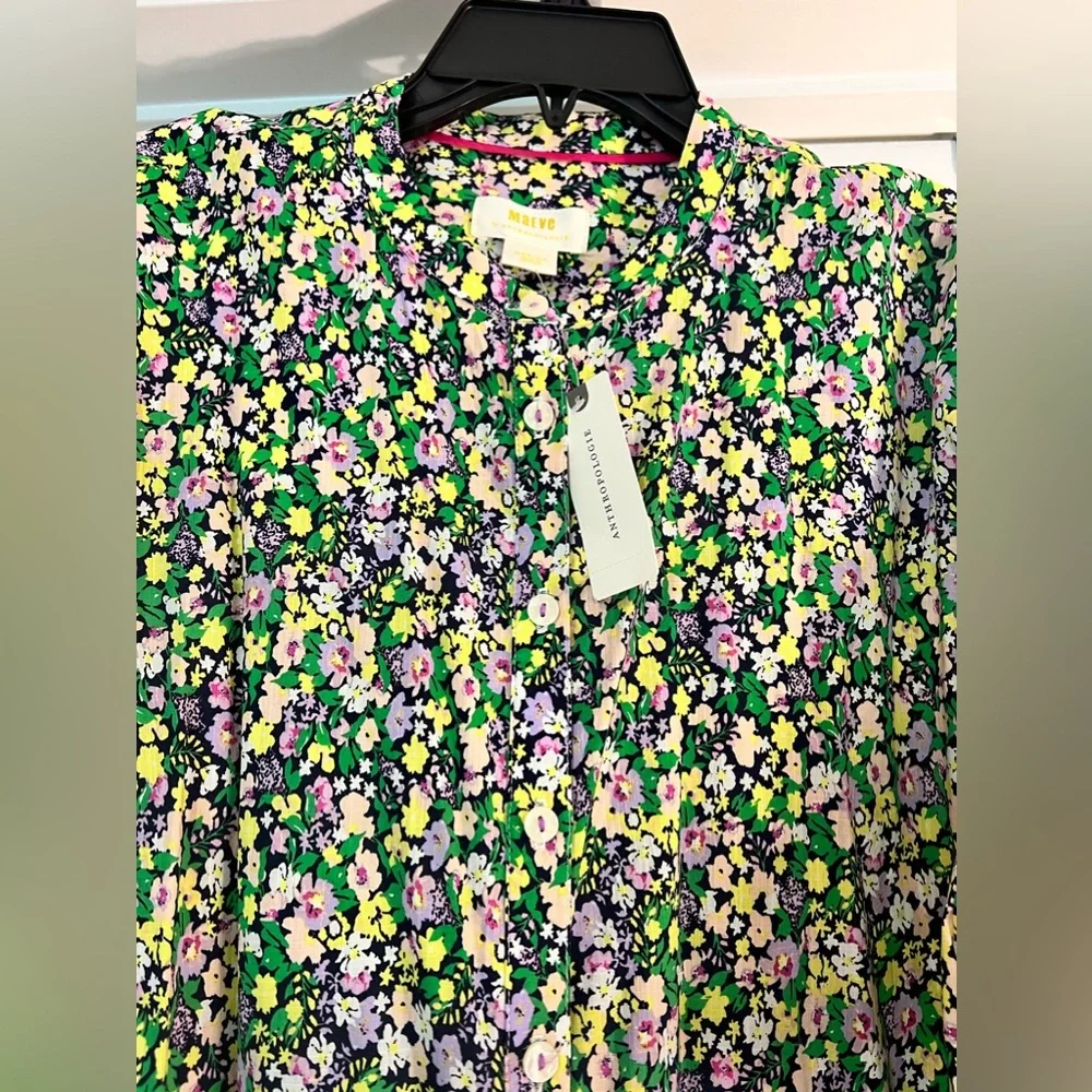 Anthropologie Maeve Ashleigh Top NWT Floral Button Down Bishop Tie Sleeve Wow! - Picture 10 of 16